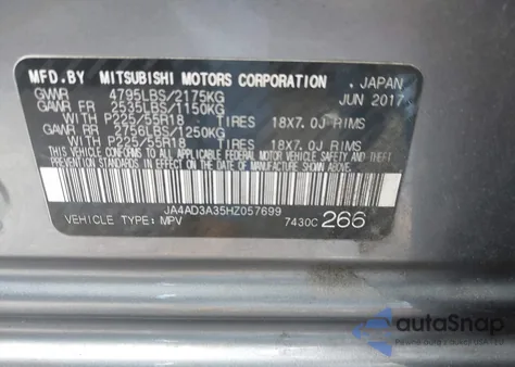 2017 Mitsubishi Outlander Sel из США, поврежденный, VIN JA4AD3A35HZ057699